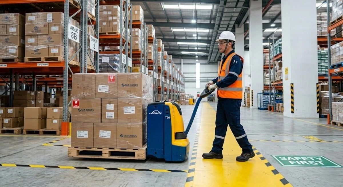 Correct operation of pallet truck A warehouse worker operating an electric pallet correctly.
