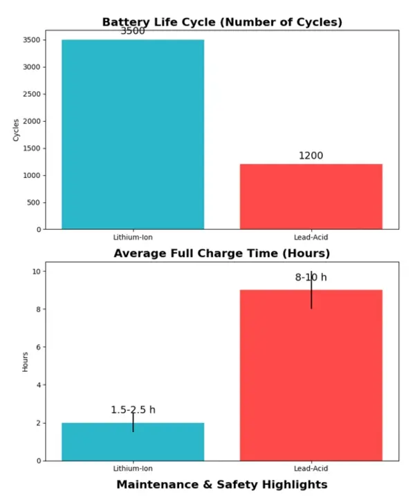 Lithium-Ion vs Lead-Acid Forklift Battery Charge Time Comparison | Toyota Forklift Singapore Lithium-ion vs lead-acid forklift battery charge times. Lithium-ion charges faster than lead-acid. Essential for Toyota forklift Singapore fleet efficiency.