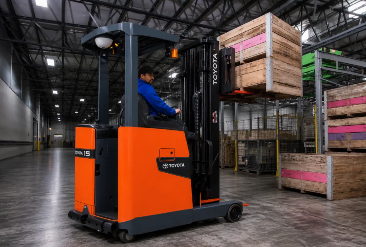 Warehouse worker driving an orange reach truck while lifting a stacked wooden crate