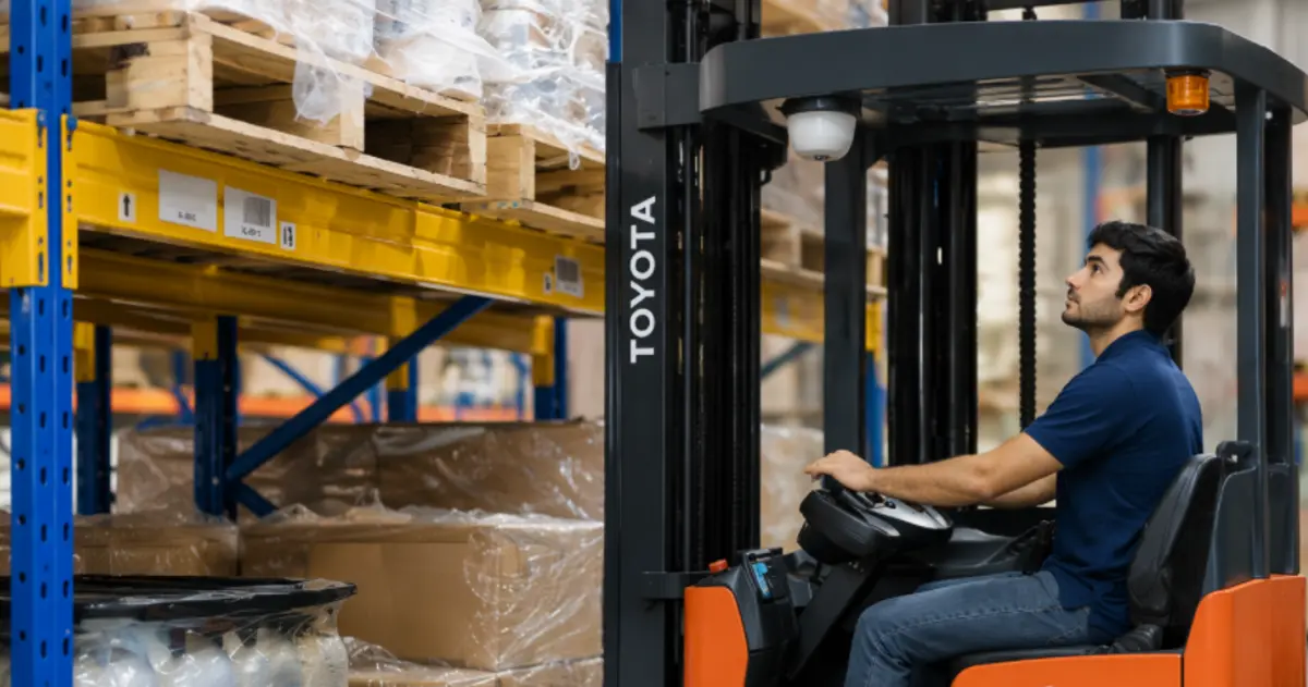 Warehouse worker operating an orange reach truck between tall racking aisles
